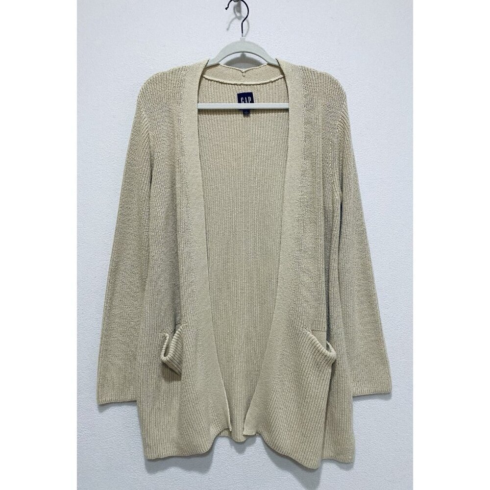 Gap Cardigan Sweater Womens Large Beige Open Front Pockets Minimalist Lagenlook